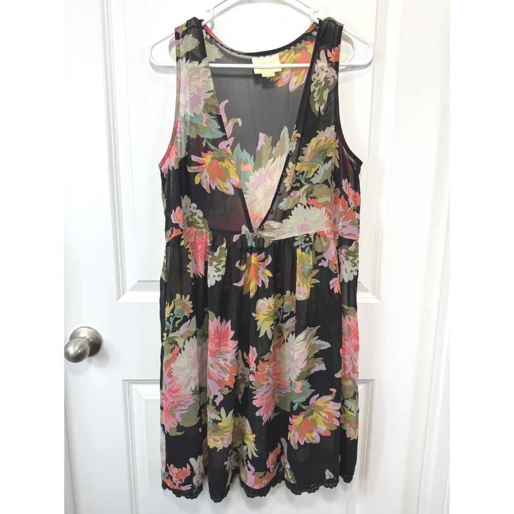 Maeve Anthropologie Floral V-Neck Dress M‎ Black Pink Lace Trim Sleeveless Boho